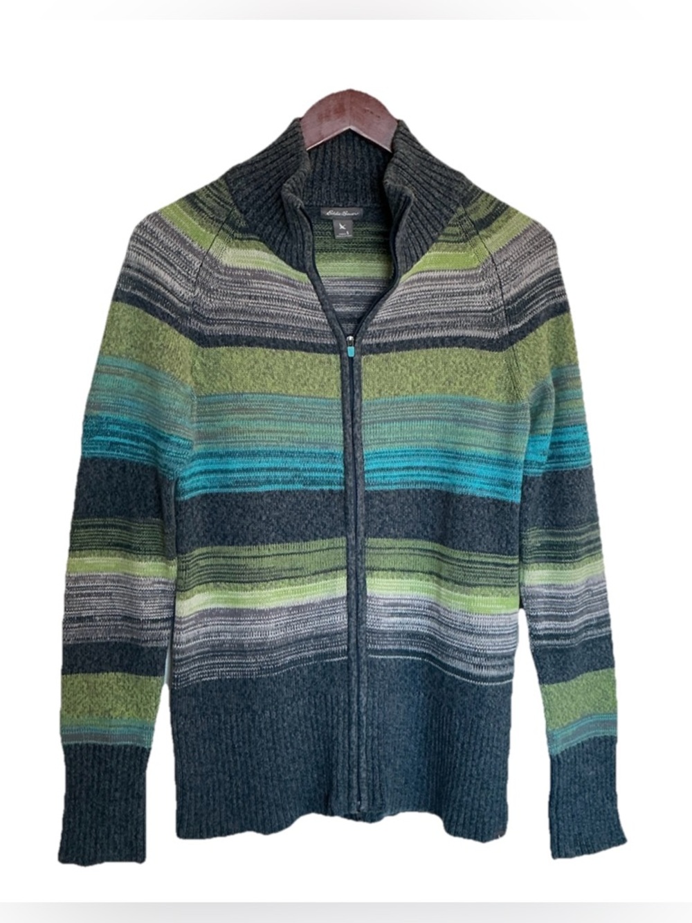 VNTG Eddie Bauer Lime Gray Blue Striped Full Zip Sweater Womens Size S Cotton